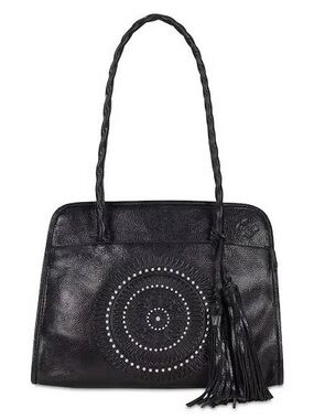 PATRICIA NASH Paris Tooled Italian Leather Tassel Studded Satchel Bag in Black